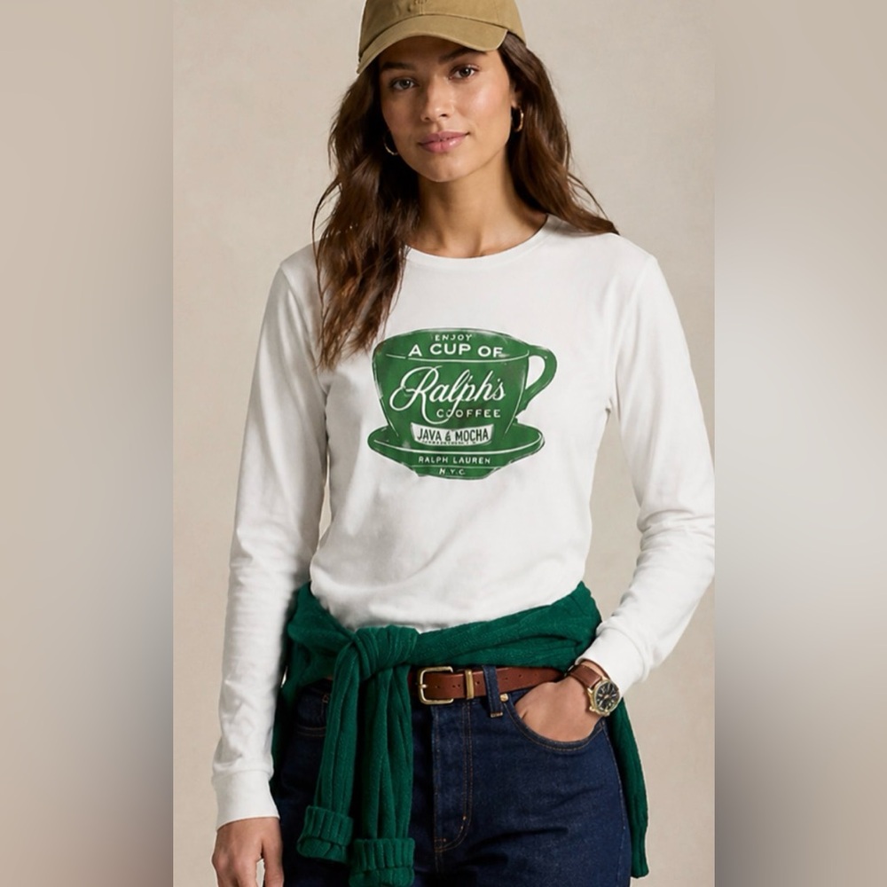 Ralph Lauren White Long-Sleeve Tee with Green Cup Graphic Sz XS NEW